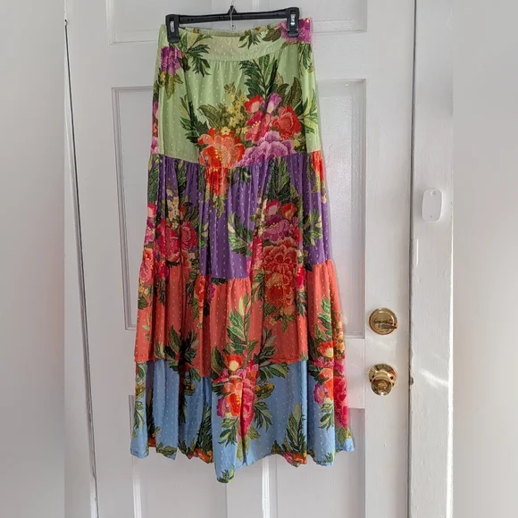 Farm Rio for Anthropologie Tiered Floral Maxi Skirt Colorblock - Picture 3 of 5